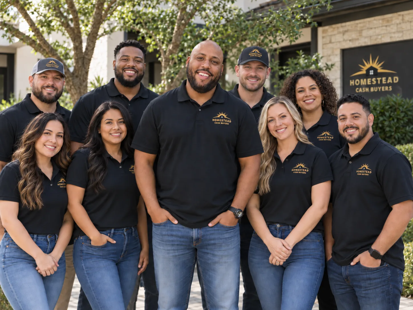 The Homestead Cash Buyers team together outside their Dallas–Fort Worth office